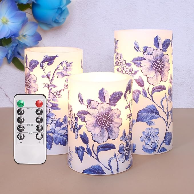 Flameless Candles Blue and White Porcelain Floral Chinoiserie Decor Battery Operated with Remote Real Wax Dripless Candle Vintage Decorative for Christmas Gift Wedding Home Party Decor