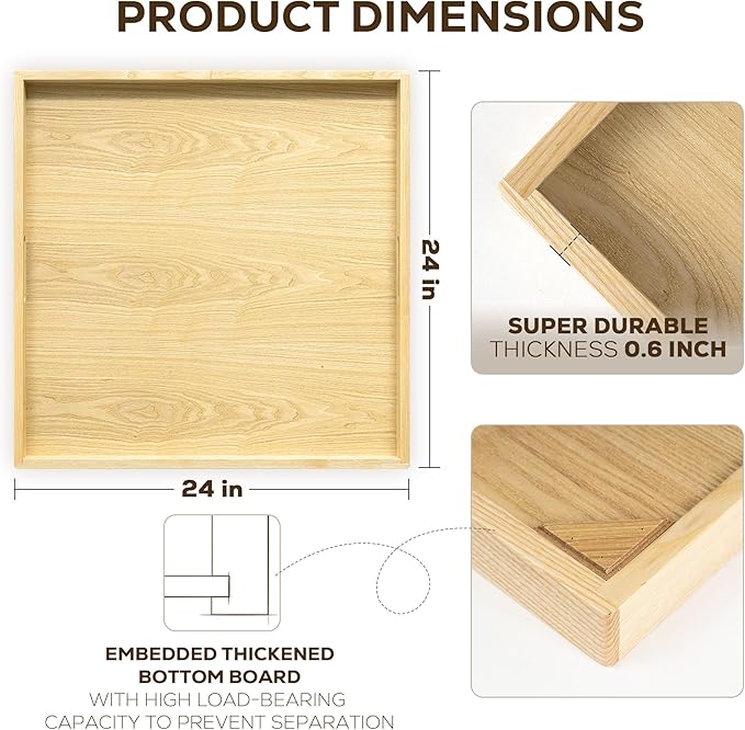 Axeman 24 Inch Large Square Wooden Ottoman Tray for Living Room|Extra Large Serving Tray with Handles for Coffee Table, Breakfast|Decorative Wood Tray for Ottoman Couch Sofa Kitchen|Natural