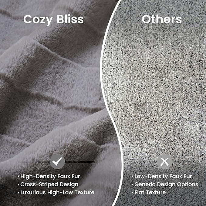 Cozy Bliss Fluffy Faux Fur Blanket Queen Size for Bed, Fuzzy Soft Striped Plush Blanket, Thick Throw for Bedroom Couch Gift, 90x90 Inches Grey