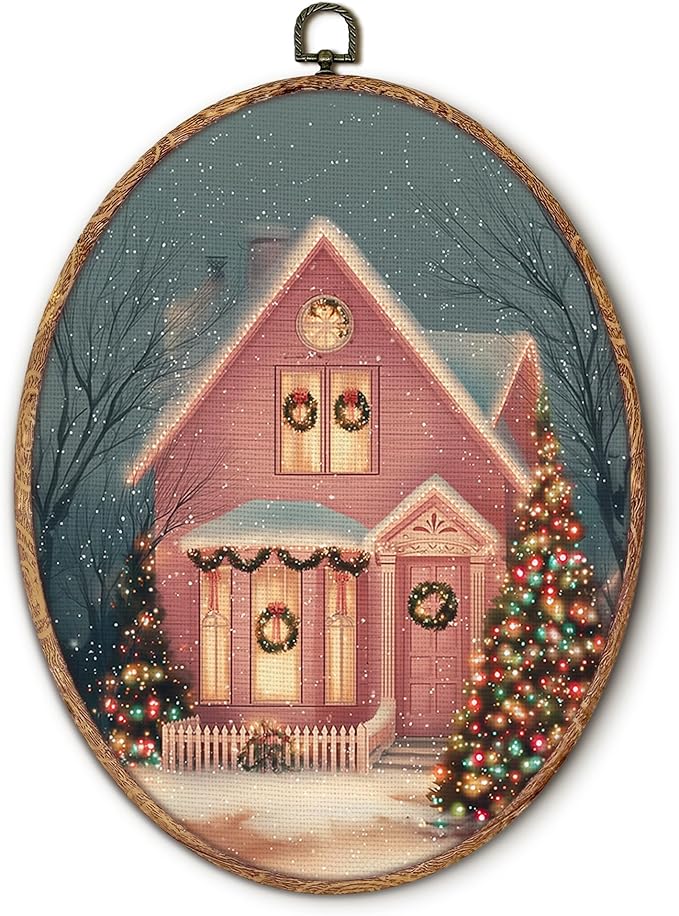 Hxlac Pink Christmas Cottage Oval Wall Art Framed, Christmas Snowy Winter Oval Wall Decor, Cozy Winter Holiday Hanging Canvas Prints Wall Sculptures for Farmhouse Home Bedroom Decor, 8.5x11.5 Inch