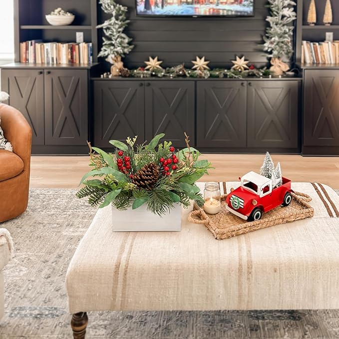 Christmas Centerpieces 8 Inch Artificial Christmas Plant in Rectangular Wooden Pot Tabletop Pine Plants with Red Berries Pine Cones Eucalyptus for Winter Holiday Party Fireplace Mantel Xmas Decor