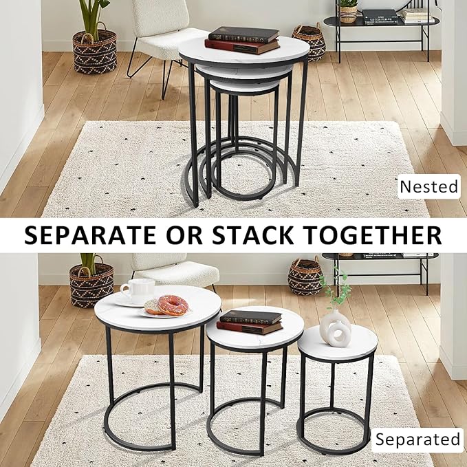 AT-VALY Nesting Tables Coffee Table Set of 3,Round Side Table Small Accent Table for Living Room,Bedroom Apartment (Black)