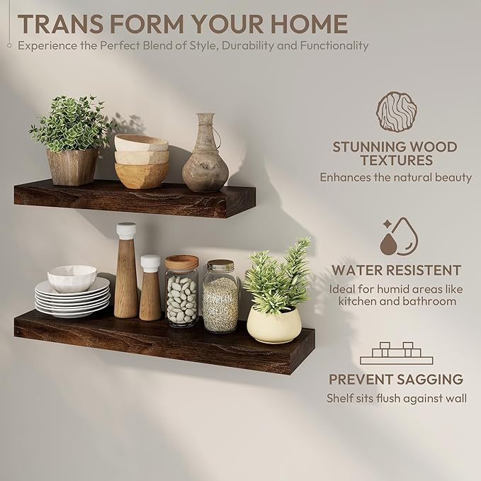 Marsmiles 72 inch Floating Shelves for Wall Solid Elm Wood Wall Mounted Shelves|Rustic Long Floating Shelves with Invisible Bracket for Bathroom Living Room Kitchen|Walnut, 1 Pack