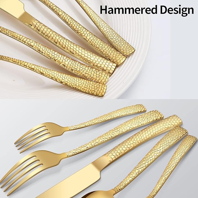 45-Piece Silverware Set with Serving Utensils Set, Gold Hammered Stainless Steel Flatware for 8, Food-Grade Tableware, Including Fork, Knife, Spoon Set, Home Kitchen Cutlery, Dishwasher Safe