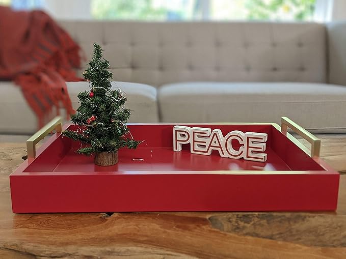 Decorative Coffee Table Tray - Ottoman Tray - Breakfast, Drinks, Liquor Serving Tray - from Farmhouse to Modern - Matte Finish - Champagne Gold Handles - Crimson Red