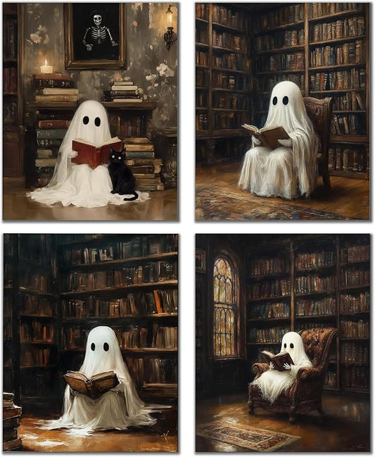 DOFQZ Halloween Ghost Reading Book Wall Art Prints Set of 4, Halloween Room Decor, Vintage Dark Academia Spooky Ghost Black Cat Posters for Bedroom Living Room Decor, 8x10 Unframed