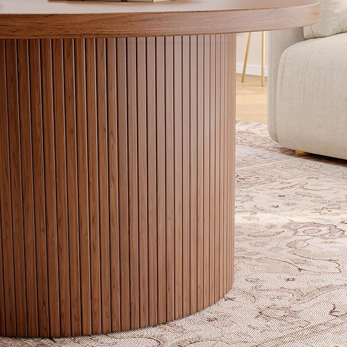 ONBRILL 31.5" Round Coffee Table, Tambour Design Coffee Tables for Living Room, Mid Century Modern Wood Coffee Table, Drum Accent Small Center Table, Walnut