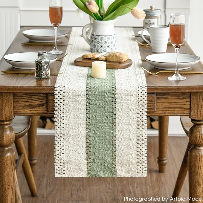 Artoid Mode Light Green Farmhouse Rustic Table Runner, Seasonal Holiday Hollow Kitchen Dining Table Decoration for Home Party Decor 12x90 Inch