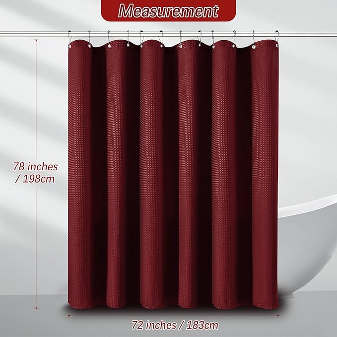 Long Burgundy Fabric Shower Curtain - Waffle Textured Tall Heavy Duty Cloth Shower Curtains for Bathroom, 256GSM Large Hotel Spa Luxury Bath Curtain Set with 12 Hooks(72Wx78H, Burgundy)