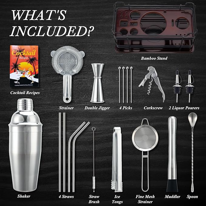 Cocktail Shaker Set with Stand, 20-Piece Complete Bartender Kit for Home & Bar Use, Stainless Steel Bar Set with 25oz Shaker, Bar Accessories and Recipes, Ideal Cocktail Kit for Parties & Gift Giving