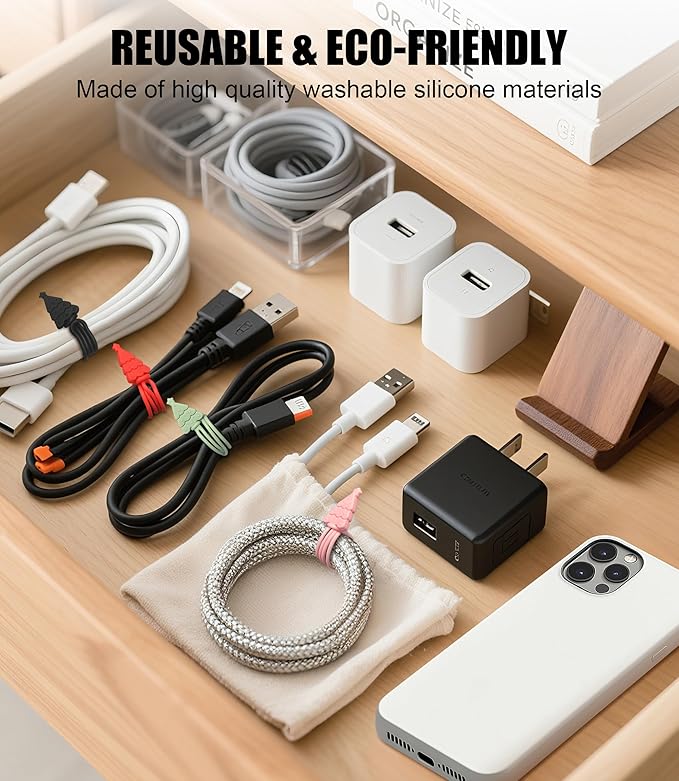 Nearockle 24Pcs Silicone Cable Ties Cord Organizer, 4.5" Reusable Cute Christmas Ties for Bundling Electrical Wire in Home, Office, School, Travel Essentials (Multicolor)