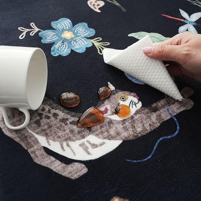 Rugcomf Living Room Rug 5x7 Rug Machine Washable Boho Area Rug Non Slip Floral Animal Cat Vintage Low Pile Large Rugs for Living Room Bedroom Farmhouse Dining Room Kids Playroom, Black