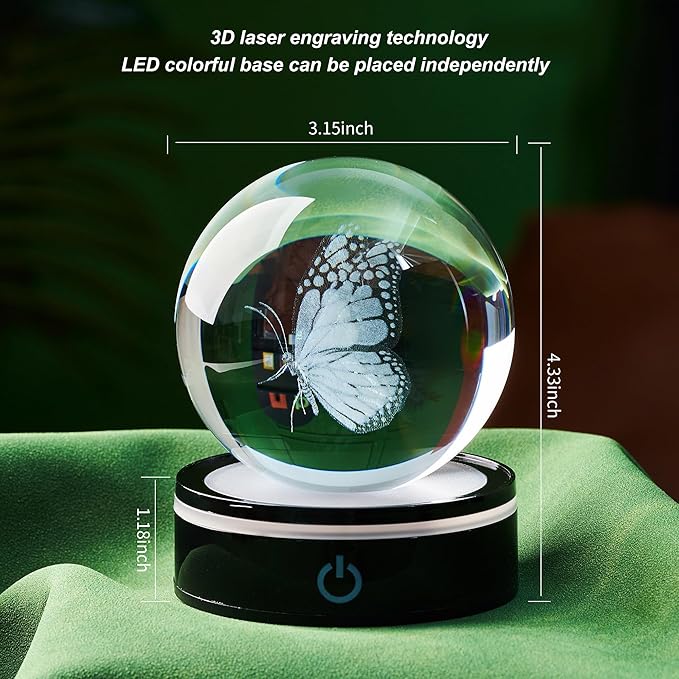 3D Crystal Ball Butterfly Statue, Colorful LED Base, Birthday Gifts for Men and Women, Gratitude Gifts, Family, Teachers, Friends, Girlfriends, Butterfly Decoration Glass Ball