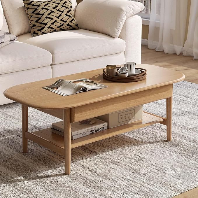 100% Solid Wood Coffee Table for Living Room, 2-Tier Living Room Table with 2 Drawers and Shelf Storage, Mid Century Modern Coffee Table for Home (Oak Natural Wood, 47.24'' W)