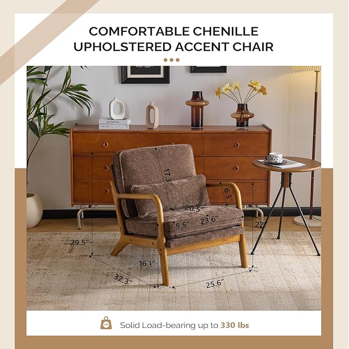 VINGLI Chenille Mid-Century Modern Accent Chair Set of 2, Cute Reading Arm Chair with Cushion & Lumbar Pillow & Solid Wood Frame for Lounge, Living Room, Reading Room, Bedroom, Espresso