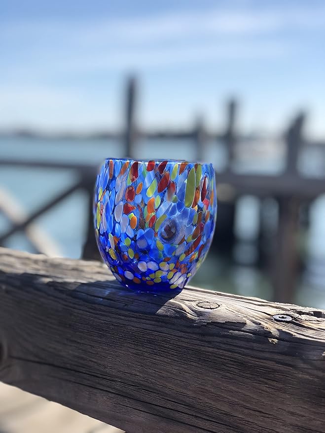 MAZZEGA ART & DESIGN - Set of 6 Handcrafted Blown Glass Water Glasses with Refined and Original Murano Murrine - The Colors of Murano - 'Classic 9,8 oz' Model. Made in Italy (6, Blue)