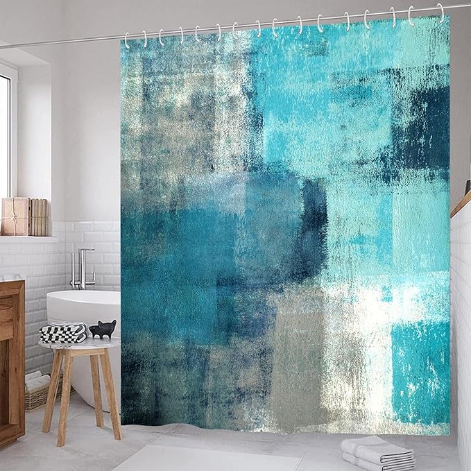 Teal Blue Shower Curtain Turquoise and Grey Modern Abstract Art Painting Bathroom Curtains Waterproof Polyester Fabric Bathroom Curtain 72 x 72 Inch with 12 Hooks