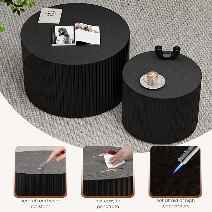 Round Wood Coffee Table Set of 2 Modern Circle Nesting Coffee Table Handcrafted Drum Nesting Table Nesting Coffee Tables for Living Room for Small Space (Black (D18.9+D14.8 inch))
