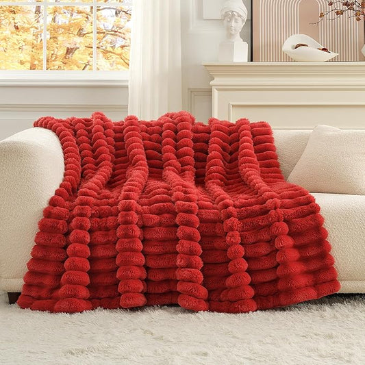Cozy Bliss Faux Fur Throw Blanket for Couch, Cozy Warm Plush Striped Blanket for Sofa Bedroom Living Room, 50 * 60 Inches Cardinal Red