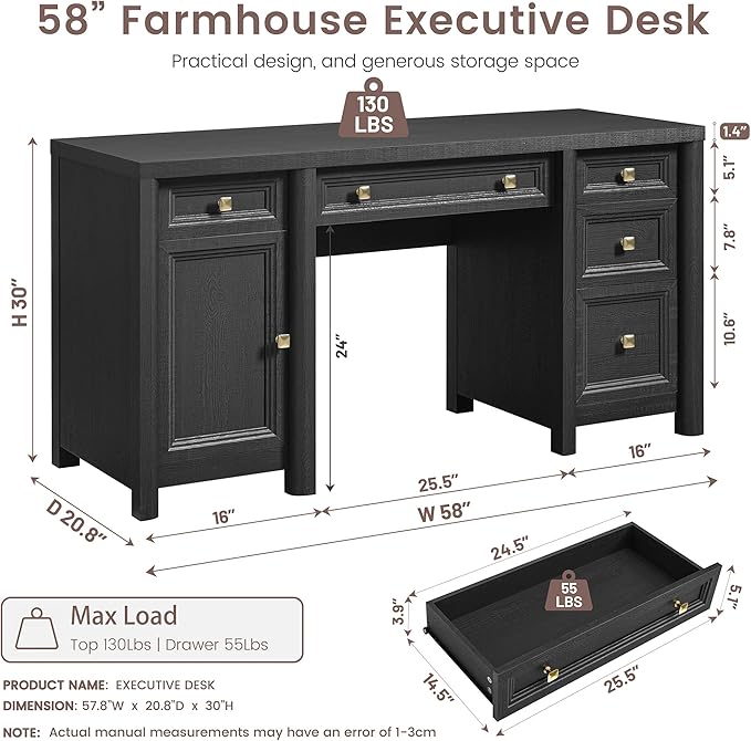 Farmhouse Black Office Desk with Drawers, 58” Executive Desk for Work Study, Home Writing Desk with Gold Knobs, 5 Different Sizes Drawers and Storage, Workstation for Study Room Living Room