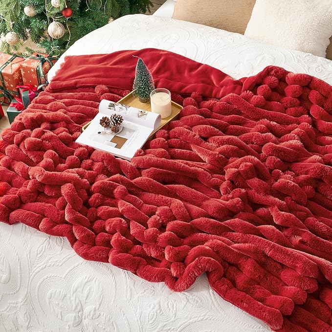 Cozy Bliss Faux Fur Throw Blanket for Couch, Cozy Warm Plush Striped Blanket for Sofa Bedroom Living Room, 60 * 80 Inches Cardinal Red