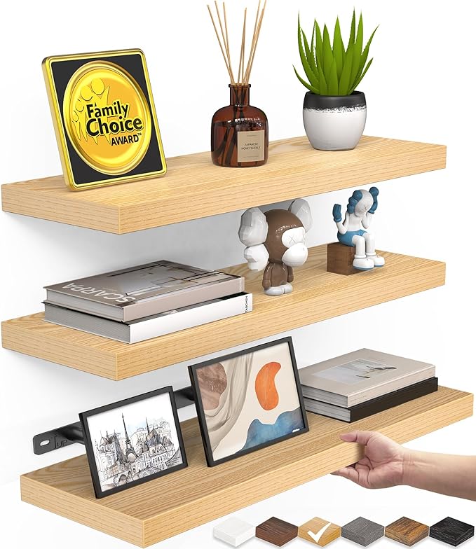 BAYKA Floating Shelves for Wall, Wall Mounted Rustic Wood Shelves for Bathroom, Bedroom, Living Room, Kitchen,Small Hanging Shelf for Books/Storage/Room Decor (Light Oak-Toned, Set of 3, 15.7in)