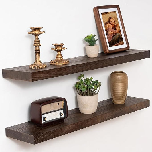 Marsmiles 30 inch Floating Shelves for Wall Solid Elm Wood Shelves|Rustic Wall Shelves with Invisible Heavy-Duty Bracket for Bathroom Living Room Kitchen|Walnut, 2 Pack