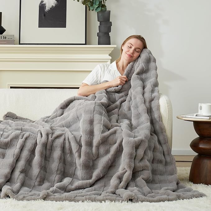 Cozy Bliss Fluffy Faux Fur Throw Blanket for Couch,Warm Cozy Soft Grey Throw Blankets for Sofa Bed Living Room,60x80 Inches