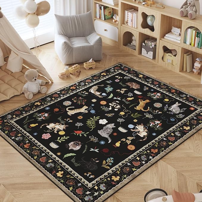 Rugcomf Bedroom Rug 3x5 Rug Washable Area Rug Non Slip Low Pile Boho Floral Animal Cat Small Carpet for Bedroom Bedside Kitchen Entryway Kids Room Office College Dorm Essentials for Girls, Black