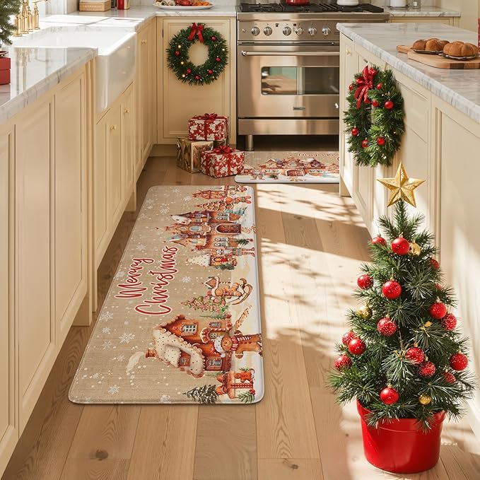 Merry Christmas Kitchen Mats for Floor, Xmas Gingerbread House Cushioned Anti Fatigue Kitchen Rugs 2 Piece, Non Slip Comfort Standing Rug Waterproof Sink Mat for Desk Laundry Office, Light Khaki