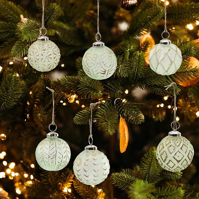 AuldHome Design Farmhouse Ball Ornaments (Set of 6, Soda Glass); Distressed Metal Glass Ball Vintage Style Christmas Decorations
