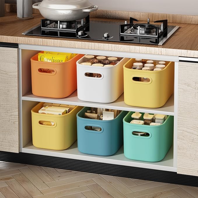 10 Pack Colorful Plastic Storage Bins, Storage Container for Organizing, Colored Storage Boxes with Handle for Shelves, Cute Organizer Bins for Craft, Snacks, Cabinet, 9.69x6.7x5.7 inch