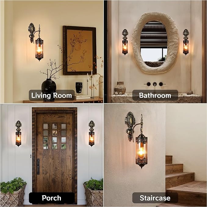 Rustic Wall Sconce with Amber Glass,Vintage Antique Gothic Wall Light Fixture E26 Mid Centry Lantern Bedside Sconces Wall Lighting for Living Room Bathroom Hallway Mirror