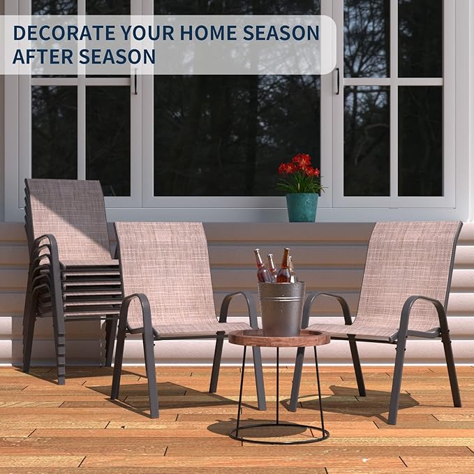 Amopatio Patio Chairs Set of 8, Outdoor Stackable Dining Chairs for All Weather, Breathable Garden Outdoor Furniture for Backyard Deck, Light Brown