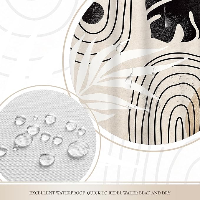 Glawry Boho Mid Century Shower Curtain Abstract Plant Tropical Palm Leaf Modern Geometric Minimalist Bathroom Black Beige Brown 72Wx78L Inches Bath Accessories Art Home Decor Fabric 12 Pack Hook