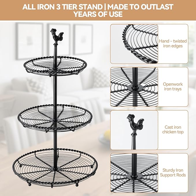 Openwork 3 Tiered Tray Stand, Vintage All-Iron 3 Tier Serving Tray with Hand - Twisted Edges & Chicken Top, Convertible Two Tiered Tray Stand for Home Kitchen Decor, Coffee Food Fruits Cupcakes