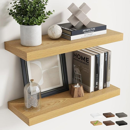 24 Inch Floating Shelves for Wall Set of 2, 8"D Wood Grain Bathroom Shelves with Invisible Brackets, Easy Install Engineered Wood Storage Shelves for Kitchen, Living Room, Bedroom, Oak Finish
