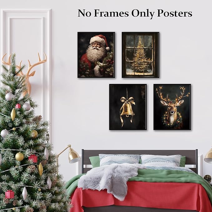 TFKFJLF Vintage Christmas Santa Wall Art Poster Decor, Aesthetic Christmas Tree Wall Decor, Xmas Holidays Decorations for Bathroom Bedroom Living Room Office, Unframed 8x10in Set of 4