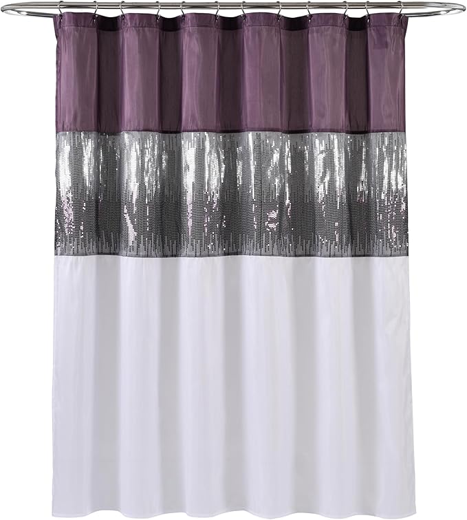 Lush Decor Night Sky Shower Curtain, Single, 72" W x 72" L, Purple & White - Sequin Shower Curtain - Sparkly Color Block Bath Curtain - Modern Glam Bathroom Decor