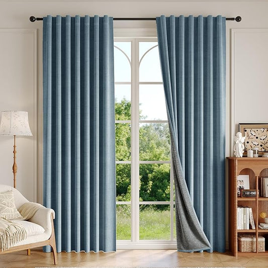 100% Blackout Curtains for Bedroom, Thermal Insulated Curtains 63 Inch Length 2 Panels, Luxury Soft Farmhouse Linen Textured Full Light Blocking Room Darkening Drapes, W52xL63, Dusty Blue