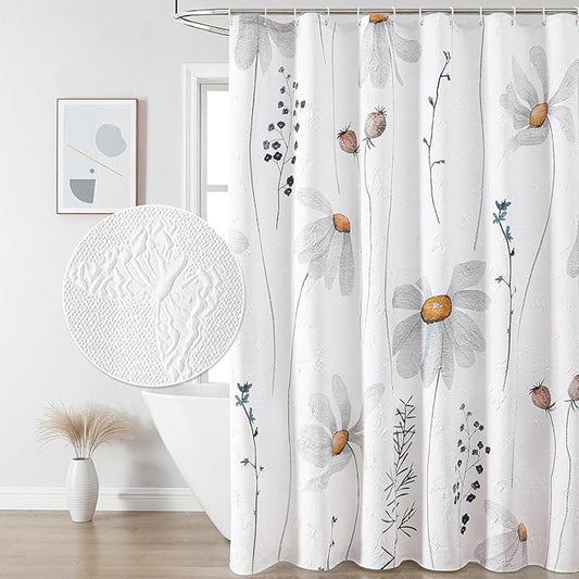 QiyI Floral Shower Curtain, 3D Embossed Butterflies Flower Bathroom Curtain, Watercolor Grey Daisy Minimalist White Cloth Bath Curtain, Waterproof Fabric Soft Shower Curtain Set with Hooks, 72x72