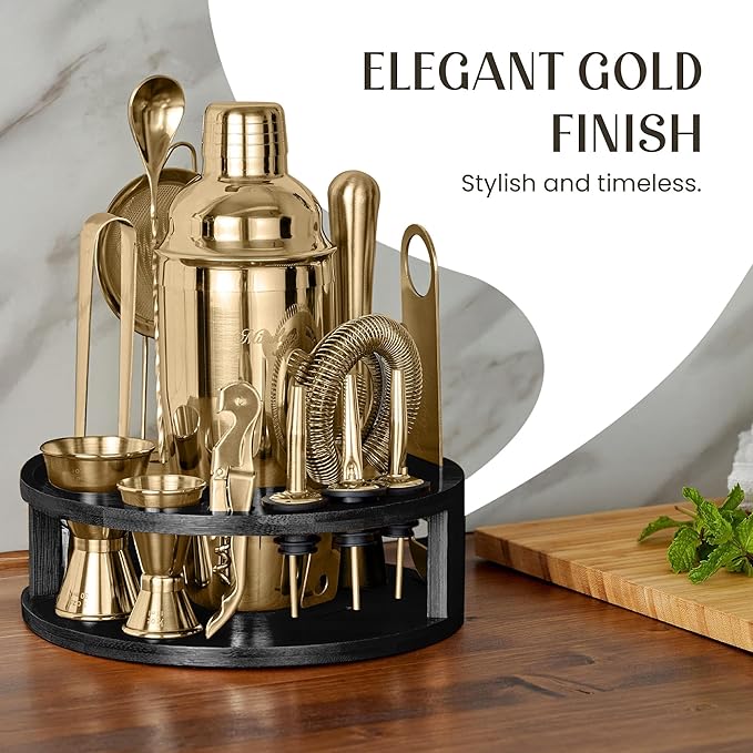 Mixology & Craft Bartender Kit – 15-Piece Cocktail Shaker Set with Bar Tools, Premium Stainless Steel Drink Mixer Accessories for Home Bar, Includes Bamboo Stand, Plus Exclusive Recipe Cards (Gold)
