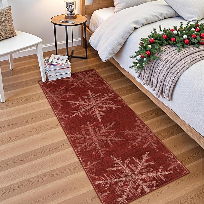 Lahome Snowflake Christmas Runner Rug, 2x6 Red Christmas Rug Runner Soft Non Slip Kitchen Runner Rugs with Rubber Backing Holiday Decor Carpet Runners for Hallways Bedroom Laundry(2x6ft,Red)