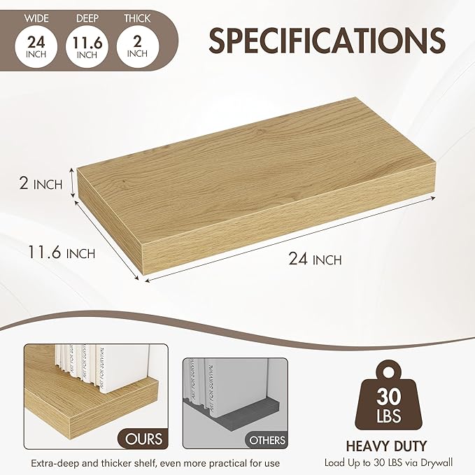 24 Inch Floating Shelves, 12" Deep Floating Shelf Wall Mounted, 24" Wall Shelves, Rustic Deep Bookshelf, Extra Deeper & Thicker Display Shelves for Bedroom, Living Room, Oak, Set of 2