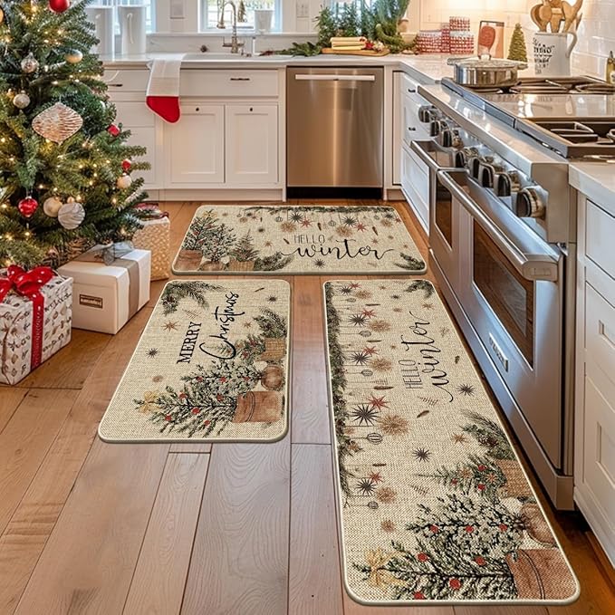 Artoid Mode Holly Ornament Merry Christmas Kitchen Mats Set of 2, Winter Home Decor Low-Profile Kitchen Rugs for Floor - 24"x36"+24"x59"+24"x72"