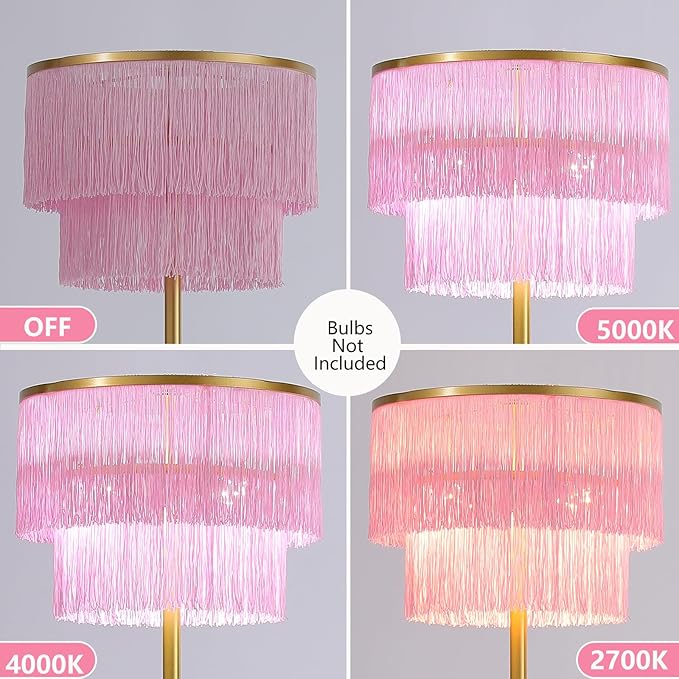 2 Light Gold & Pink Boho Floor Lamp with 2-Tier Tassels/Fringe Lampshade,66" Tall Mid Century Standing Bedroom Lamp,Soft Lighting Nursery Floor Lamp for Bedroom Livingroom