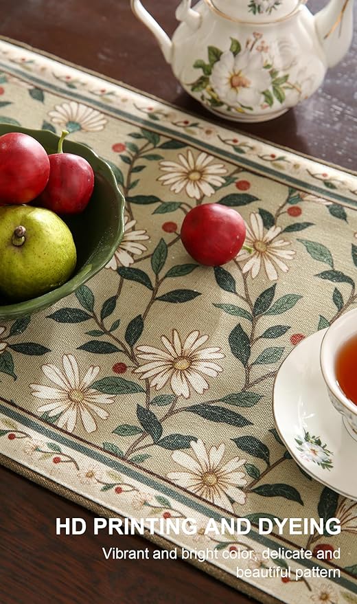 ISAENNE Designer Green Elegant Linen Table Runner 87 Inches Long,Flower and Leaves Pattern Wrinkle Resistant Table Runners for Dining Tables,Thanksgiving,Kitchen Tables,Christmas,12"*87"-Brune