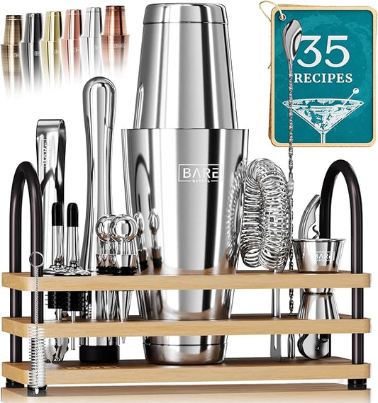 BARE BARREL® Mixology Bartender Kit Bar Set | 14-Piece Cocktail Shaker Set | Martini Barware Mixing Tools for Home Bartending | 35 Recipe Cards | Gift Set (28oz Boston Shaker, Silver/Natural)