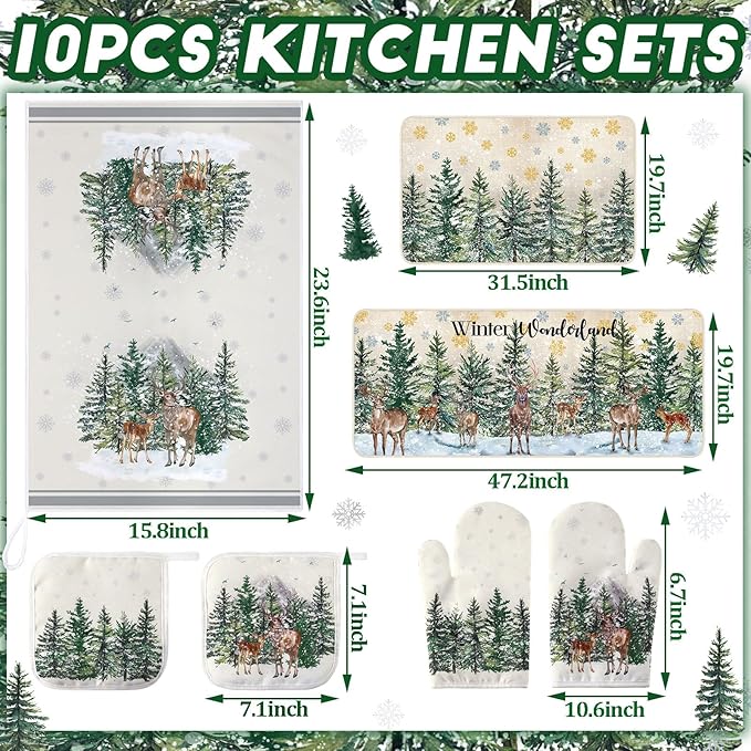 10 Pcs Christmas Kitchen Decor Set Kitchen Towels and Rugs Oven Mitts Pot Holders Absorbent Towels for Baking Cooking BBQ Gifts Home Decor(Khaki,Wonderland)