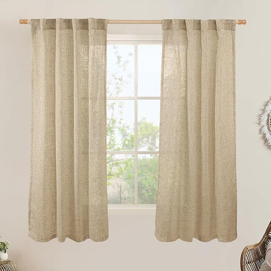 LAMIT Faux Linen Curtains 63 inches Long for Bedroom, Back Tab and Rod Pocket Linen Drapes Light Filtering Semi Sheer Curtains for Small Window/Farmhouse, 2 Panels (38 x 63 Inch, Brown)